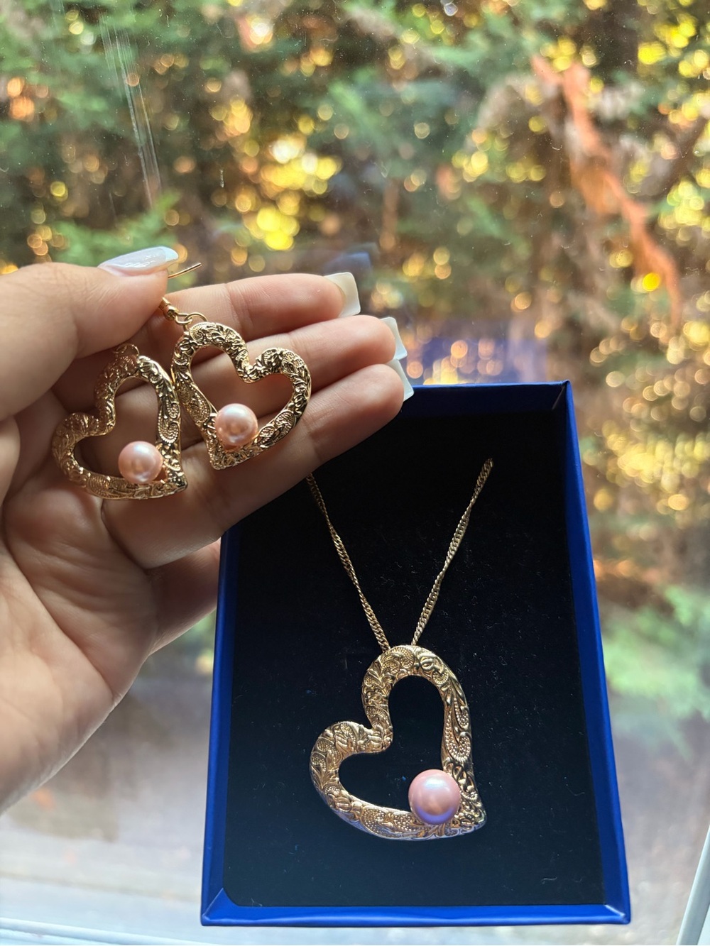 Hawaiian Gold-Tone Heart Pearl Jewelry Set | Necklace + Earrings 🌺